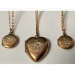 A 9ct gold chain with gold plated heart shaped locket, two 9ct gold chains with gold plated circular