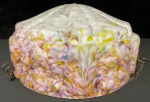 An opaque glass ceiling up lighter shade, with suspension chain, in mottled white, pinks, blues