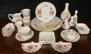 A Royal Crown Derby Posies pattern bottle vase, candle snuffer, salt, pepper and mustard pots,