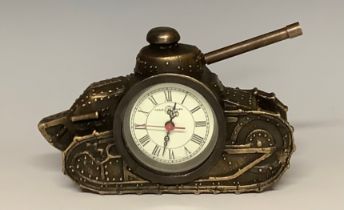 A novelty desk clock, as a tank, Roman numerals, 16cm long