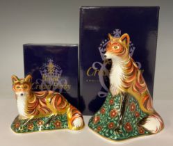 A pair of Royal Crown Derby paperweights, Vixen and Fox Cub, gold stoppers, the Vixen 14.5cm high,