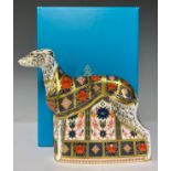 A Royal Crown Derby paperweight, Old Imari Solid Gold Band Lurcher, gold stopper, 17cm, grey printed