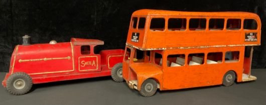 A 1950s Tri-ang tin plate toy London double decker red bus, London Transport, number 93 Wimbledon,