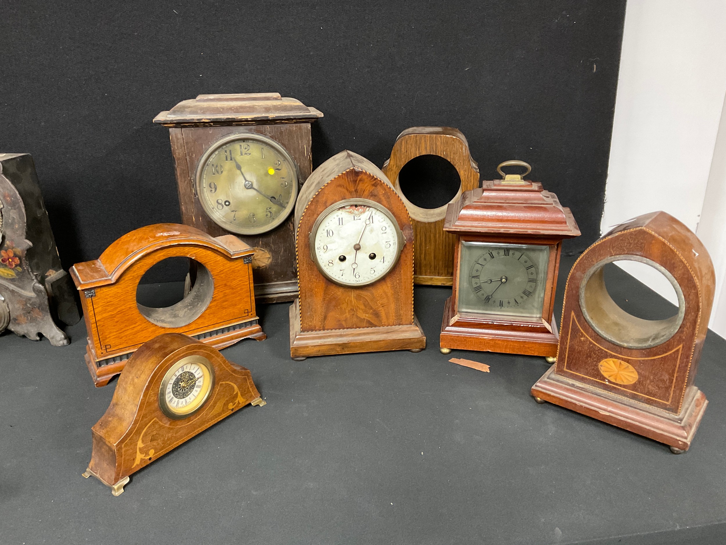 Clocks - an early 20th century oak mantel clock, Roman numerals on silvered dial, flanked by - Image 4 of 4