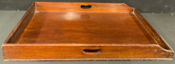 A large mahogany butlers tray, Harrods label, 82cm long, 54cm wide