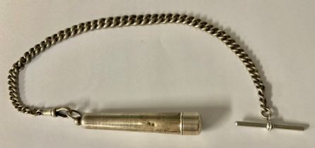 A silver Albert chain, no assay location marks, 27.5g gross; a silver cheroot holder case,