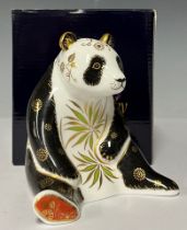 A Royal Crown Derby paperweight, Giant Panda, 12cm high, gold stopper, 12cm high, printed marks in