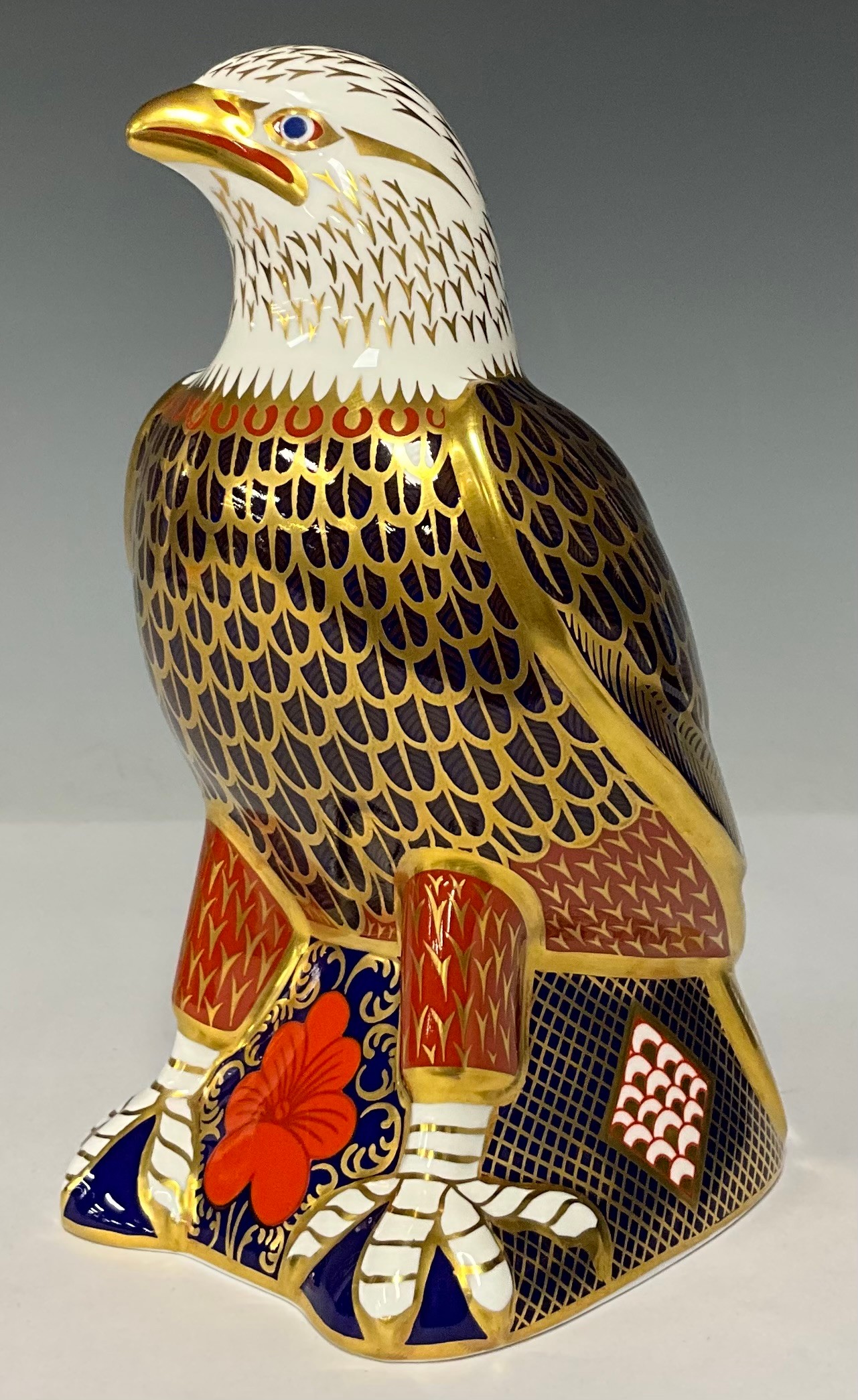 A Royal Crown Derby paperweight, Bald Eagle, gold stopper, 18cm high, printed marks in red, boxed - Image 2 of 2