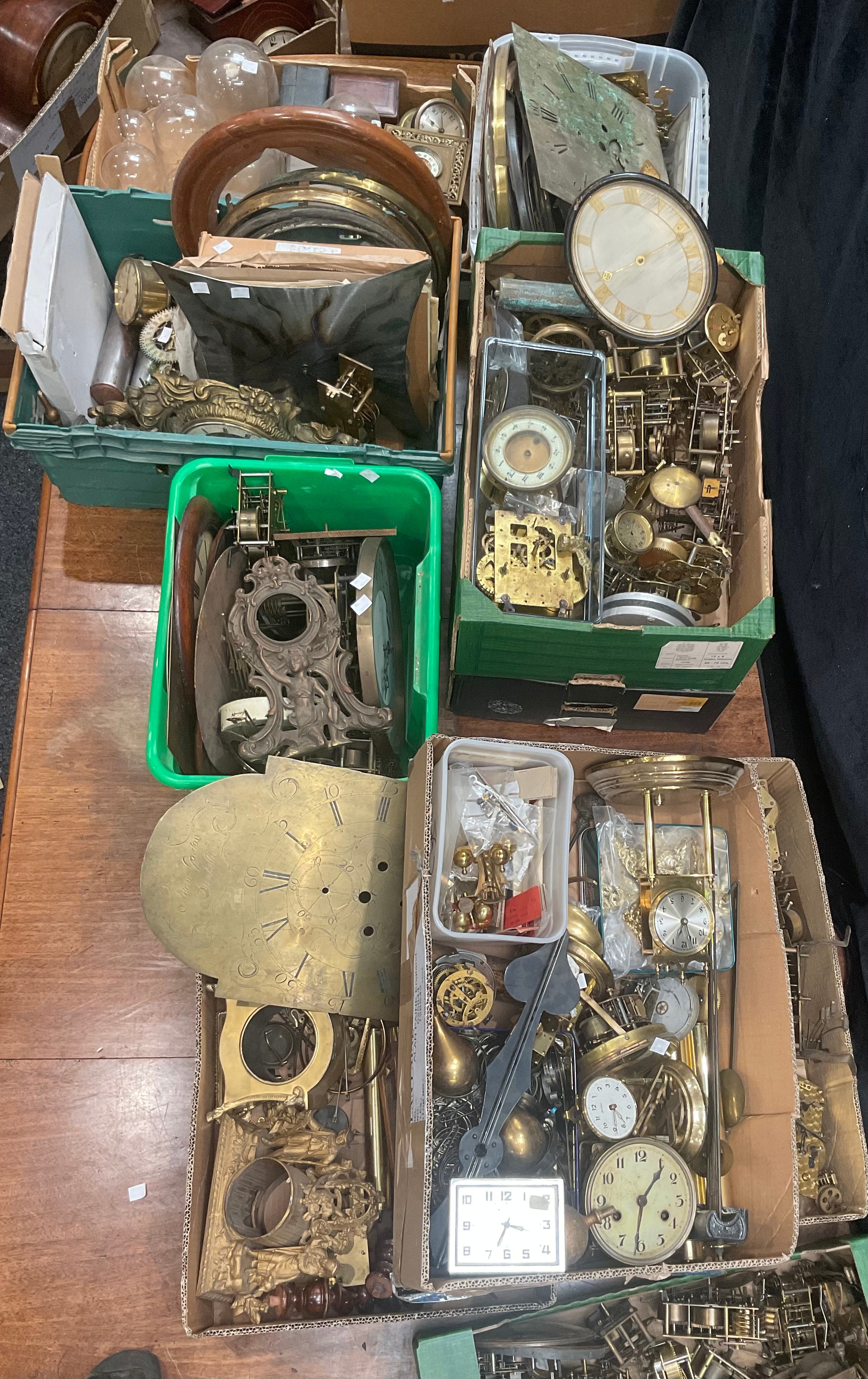 Horology - clock parts, various, including movements, pendulums, springs, cases, weights, dials, etc