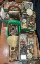 Horology - clock parts, various, including movements, pendulums, springs, cases, weights, dials, etc