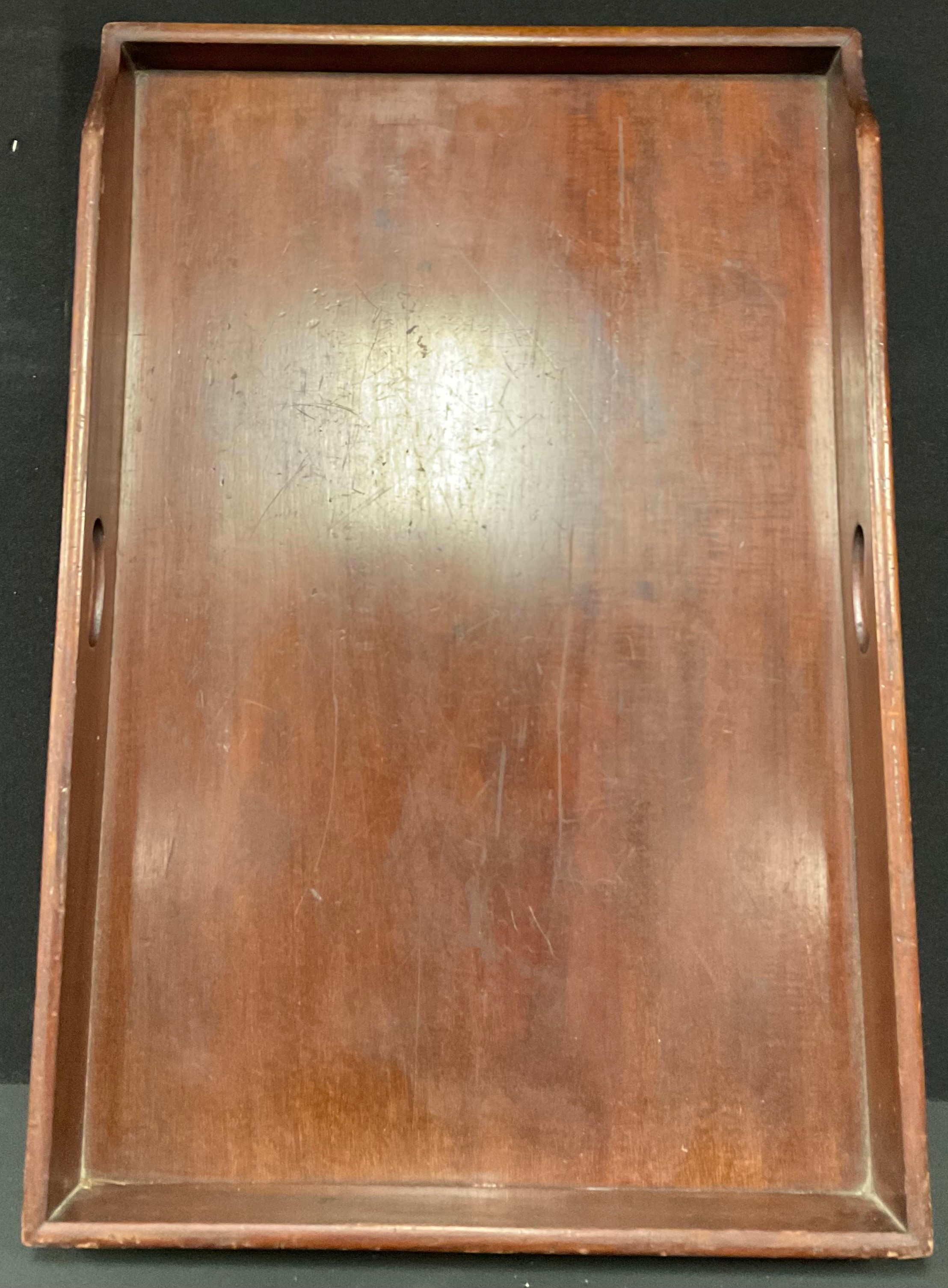 A large mahogany butlers tray, Harrods label, 82cm long, 54cm wide - Image 2 of 3