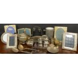 Plated ware - An EPNS teapot, other plated and metal ware including a Ronson style desk lighter,