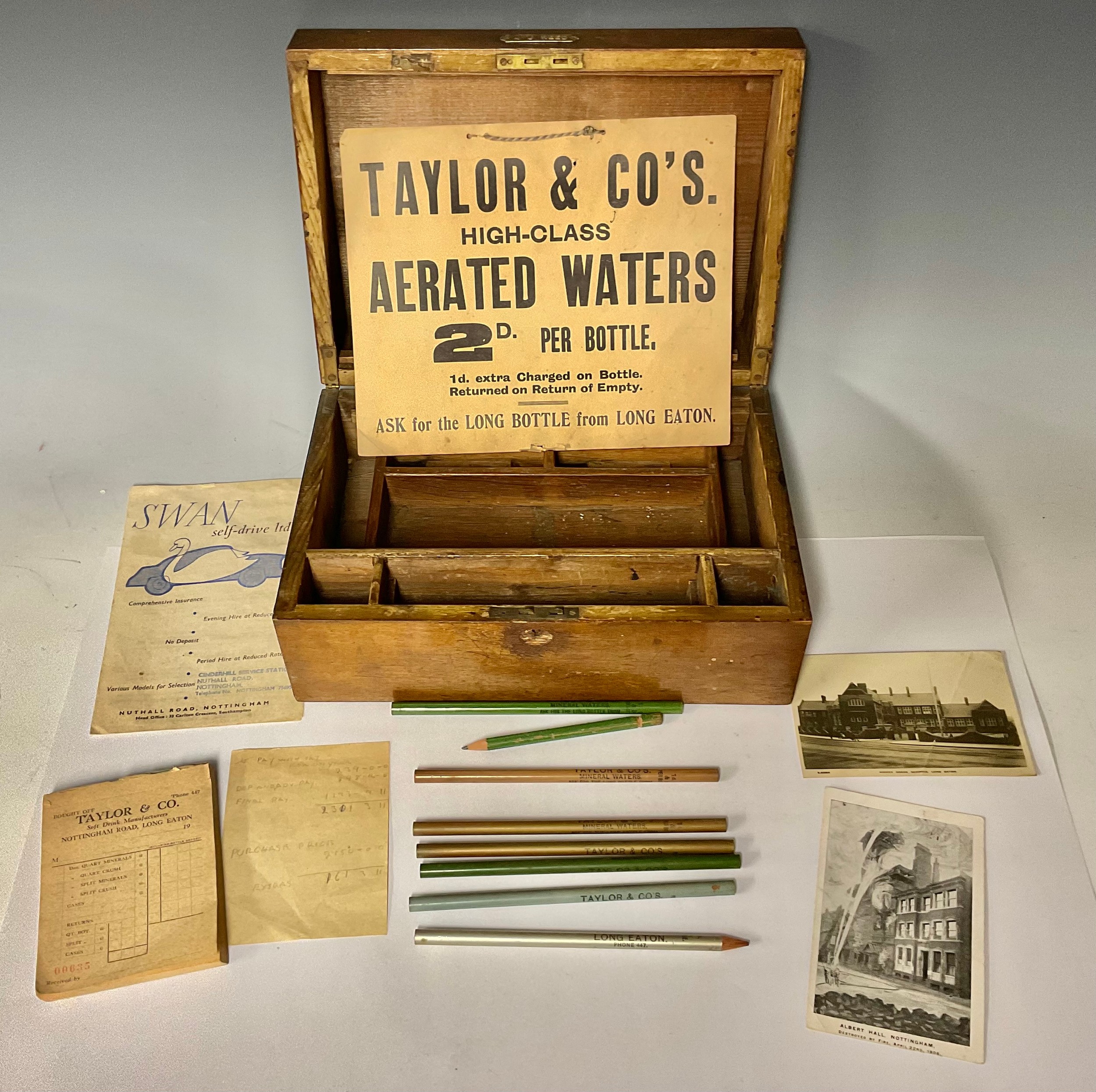 1930's Wooden Shopkeepers Box from Taylor & Co, Soft Drink Maufacturers, Long Eaton, with period