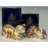 A Royal Crown Derby paperweight, Contented Cat, gold stopper, boxed; another, Sleepy Kitten, gold