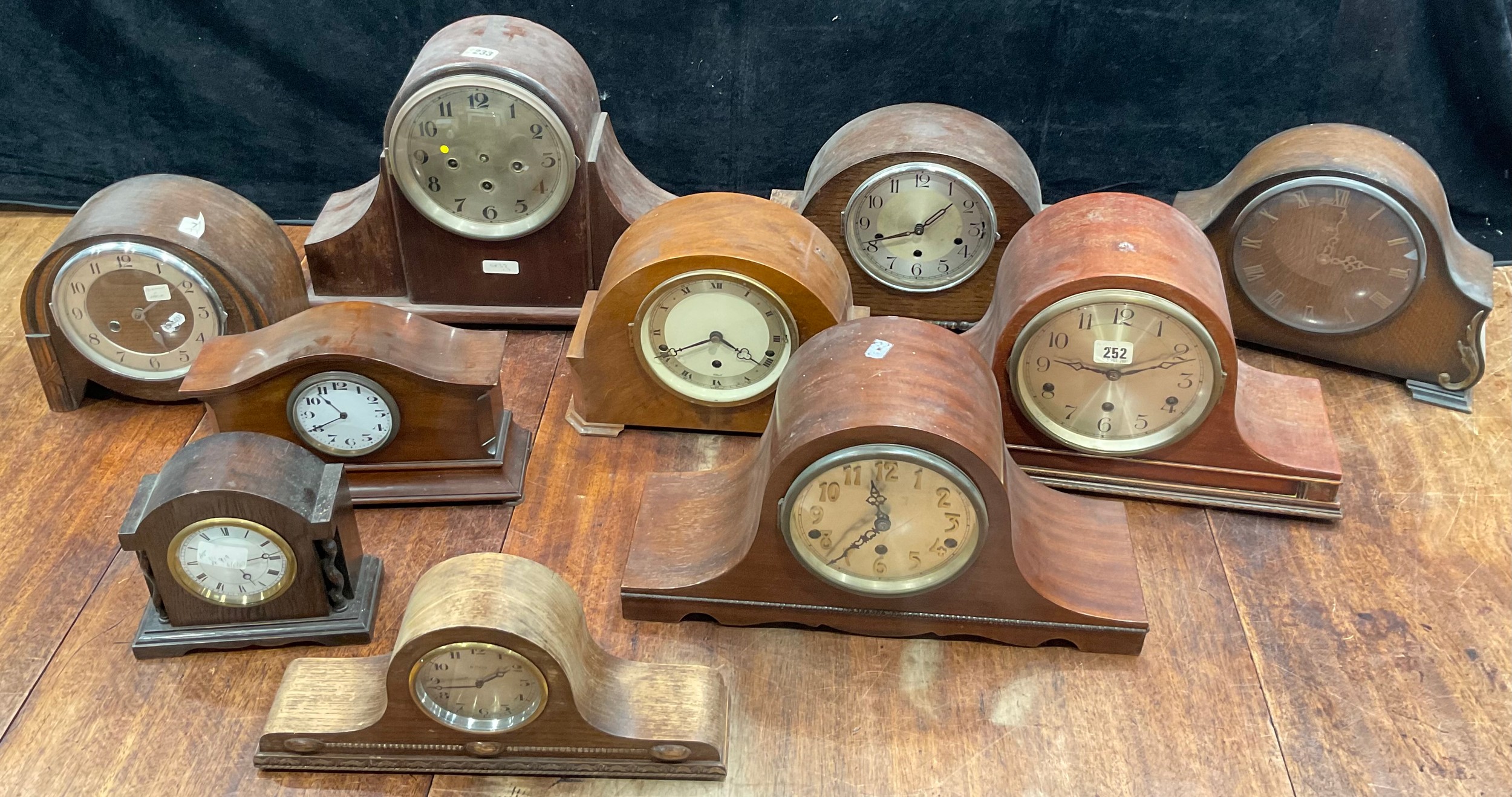 Clocks - early to mid 20th century tambour mantel clocks, various makers, timbers and forms (10)