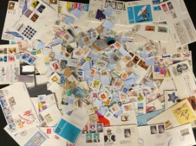 Stamps - box of material, bags of loose on paper, etc, envelopes plus collection of 1970 - 1990's