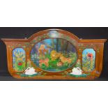 A mahogany arch-topped furnishing panel, painted with Noah and animals, 65cm x 132cm