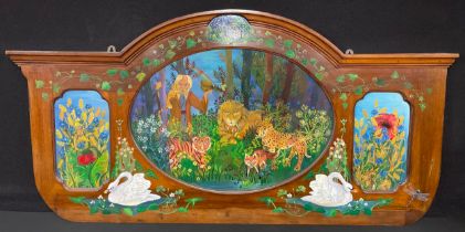 A mahogany arch-topped furnishing panel, painted with Noah and animals, 65cm x 132cm