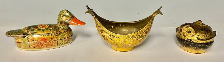 A 19th century brass Kashmir bowl, 9.5cm high, 6.5cm wide; a papier maché duck, 17cm long;