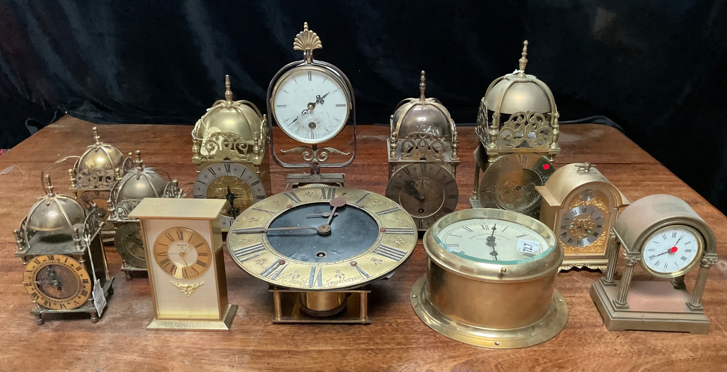 Clocks - 17th century style lantern clocks; a marine timepiece; an 18th century style hook and spike