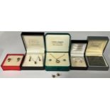 A 9ct gold necklace and earring suite, set with clear clusters of stones, marked 375, 3.3g, boxed; a