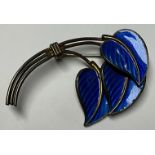 A Norwegian sterling silver and blue enamel leaf brooch, marked 925, 5cm