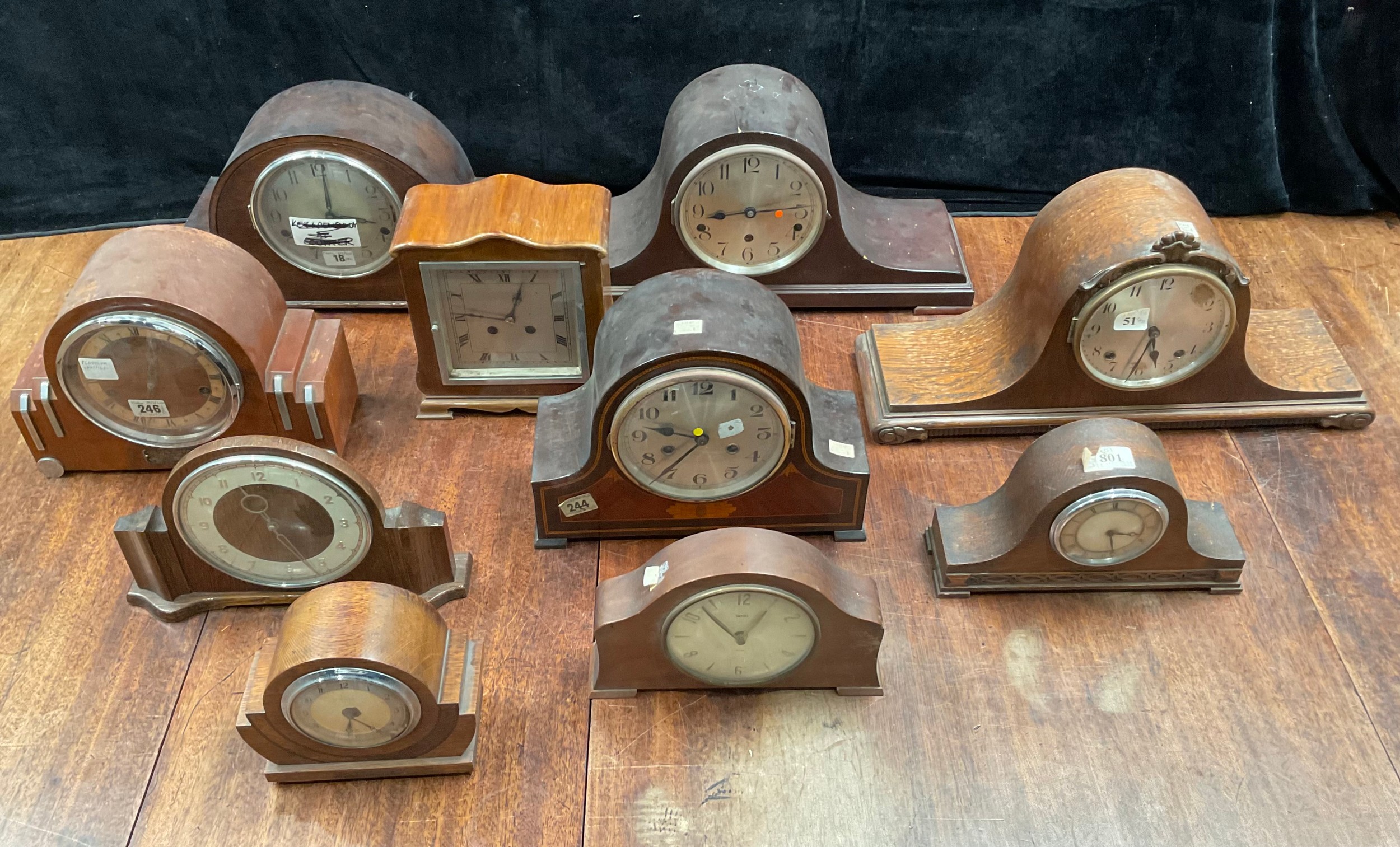 Clocks - early to mid 20th century tambour mantel clocks, various makers, timbers and forms (10) - Image 2 of 2
