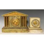 An early 20th century onyx architectural mantel clock, Roman numerals on circular dial, flanked on