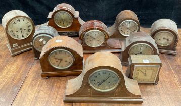 Clocks - early to mid 20th century tambour mantel clocks, various makers, timbers and forms (10)
