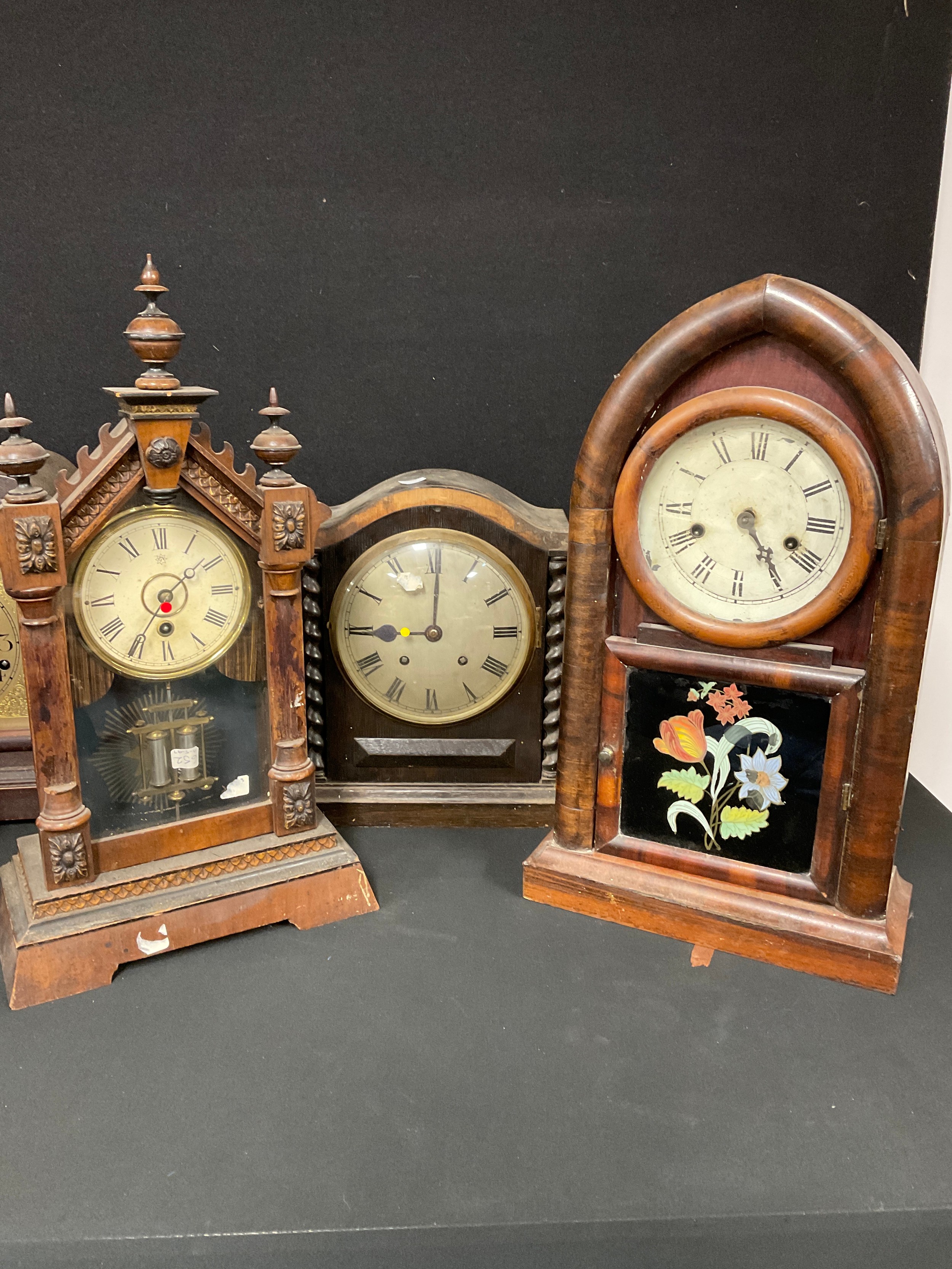 Clocks - an early 20th century oak mantel clock, Roman numerals on silvered dial, flanked by - Image 2 of 4