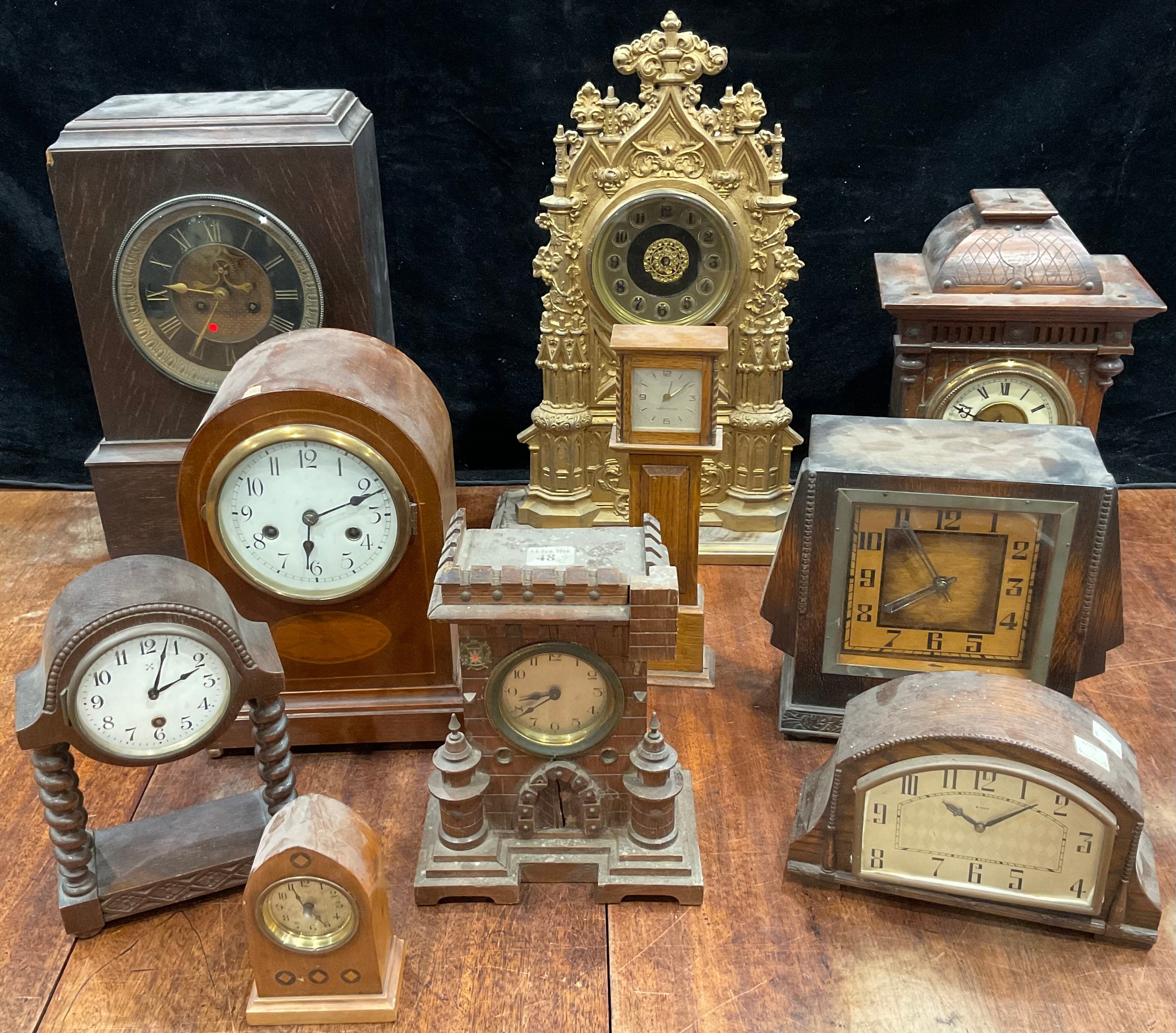 Clocks - late 19th and early 20th century, gilt metal, oak, novelty, etc (10)