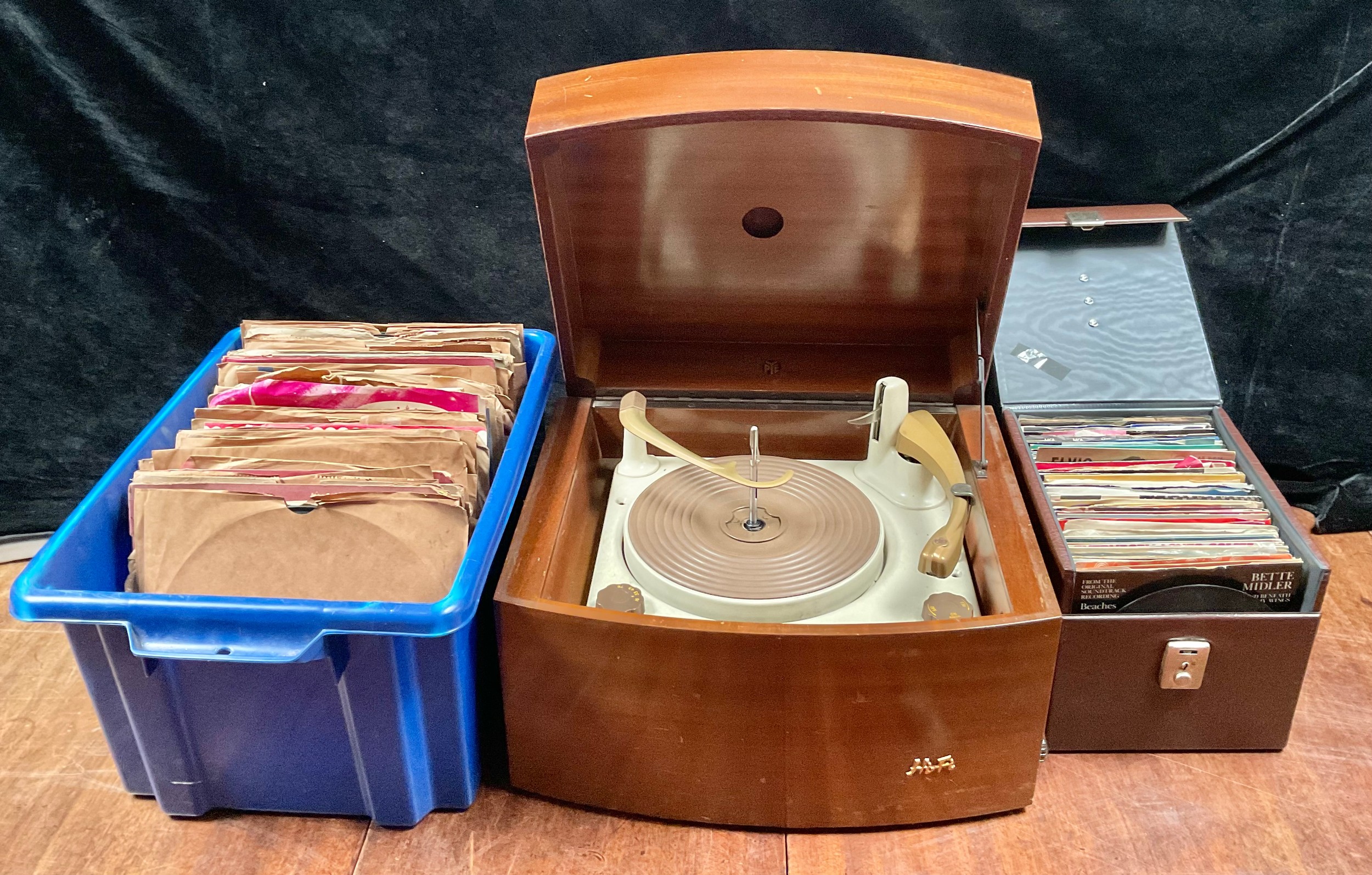 A mid-20th century PYE Hi-Fi table top record player, BSR turntable; 7'' vinyl records including