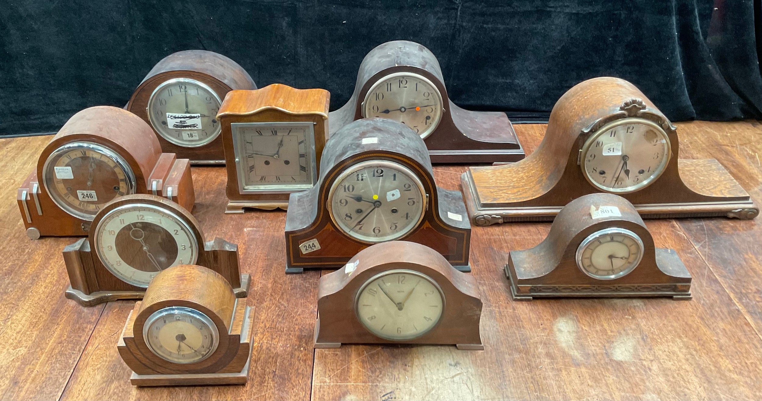 Clocks - early to mid 20th century tambour mantel clocks, various makers, timbers and forms (10)