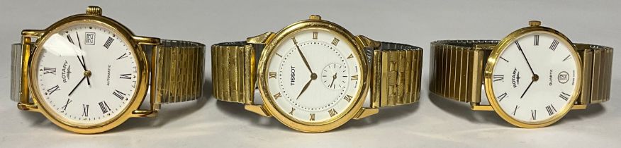 A gentleman's Tissot watch, gold plated stainless steel, white dial, Roman numerals, subsidiary