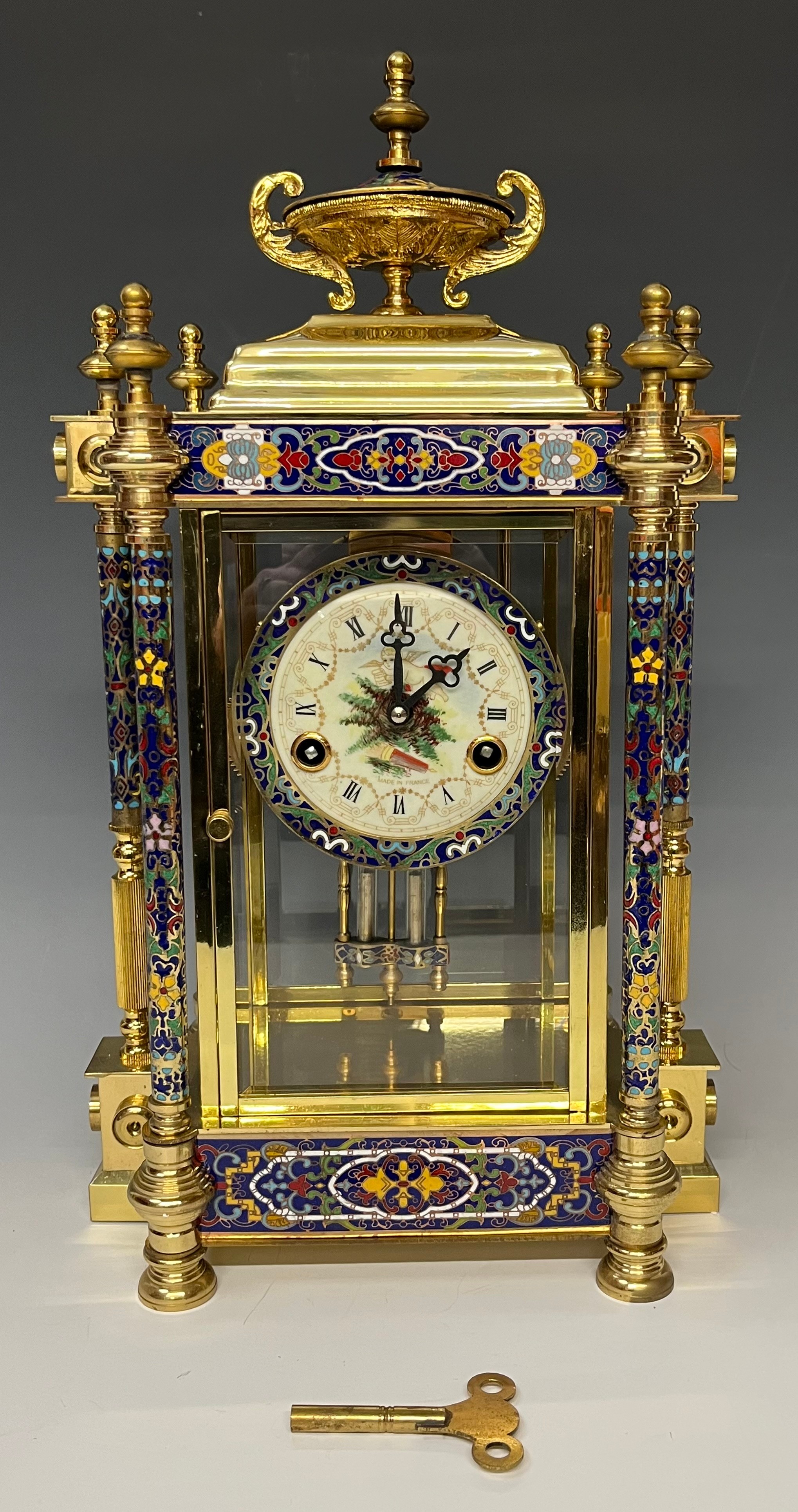 Horology Interest - a 'brass' and cloisonne mantel clock, the 10cm dial with Roman numerals, twin - Image 2 of 4