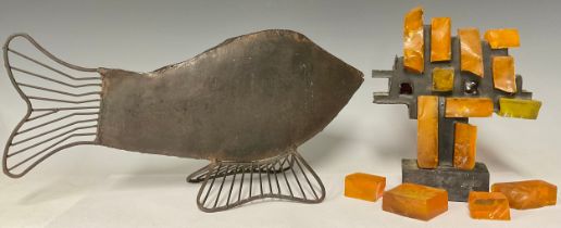 A mid-20th century resin brutalist abstract sculpture, 24cm, unmarked; a metal fish shaped candle