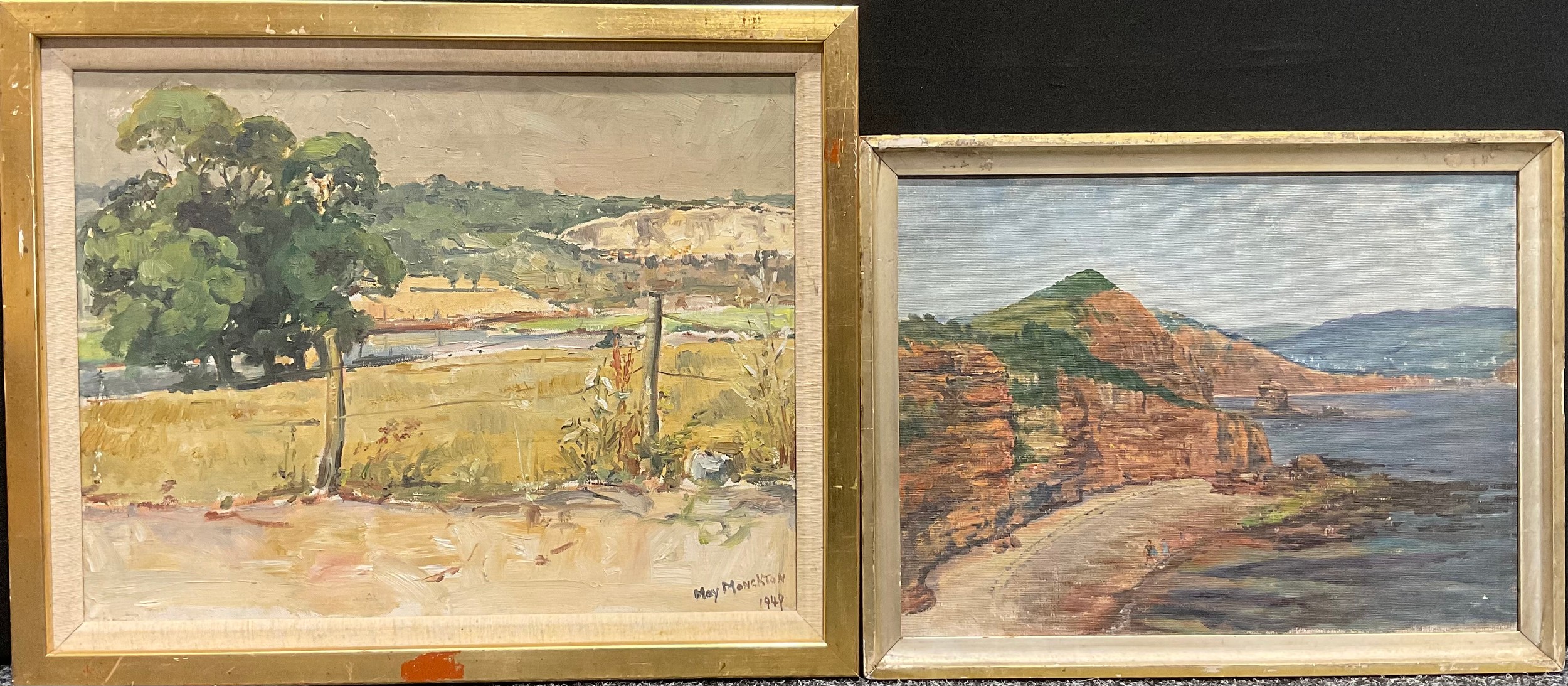 May Monckton 1949 River Landscape signed, oil; another, unframed coastal scene, oil