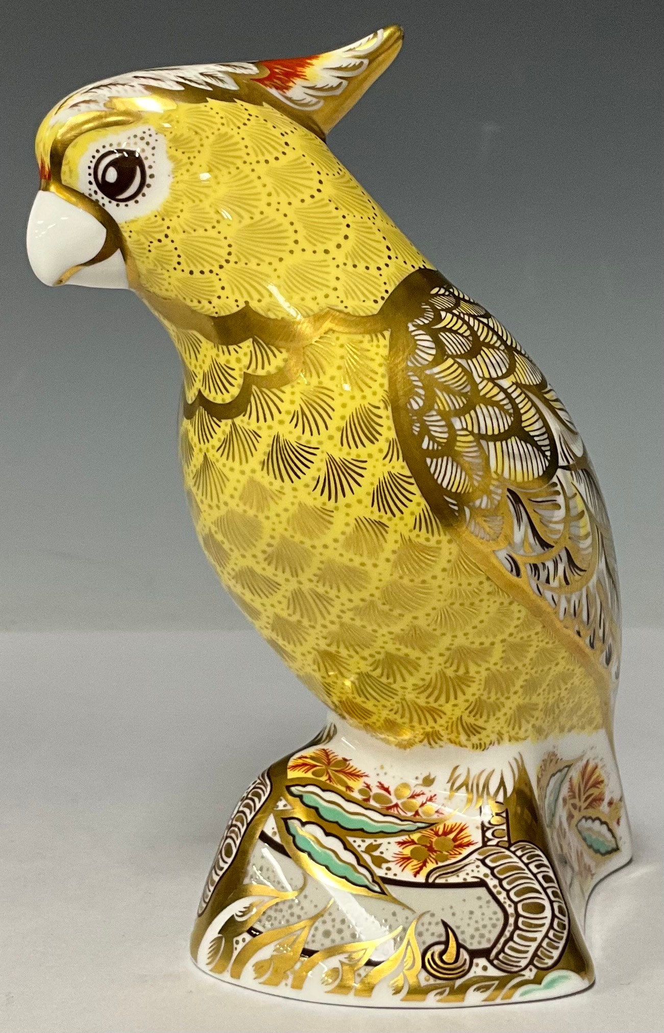 A Royal Crown Derby paperweight, Citron Cockatoo, gold stopper, 13cm high, red printed marks and - Image 2 of 2
