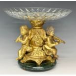 A reproduction 19th century style table centre, the gilt metal support cast as a pair of cherub