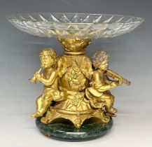 A reproduction 19th century style table centre, the gilt metal support cast as a pair of cherub