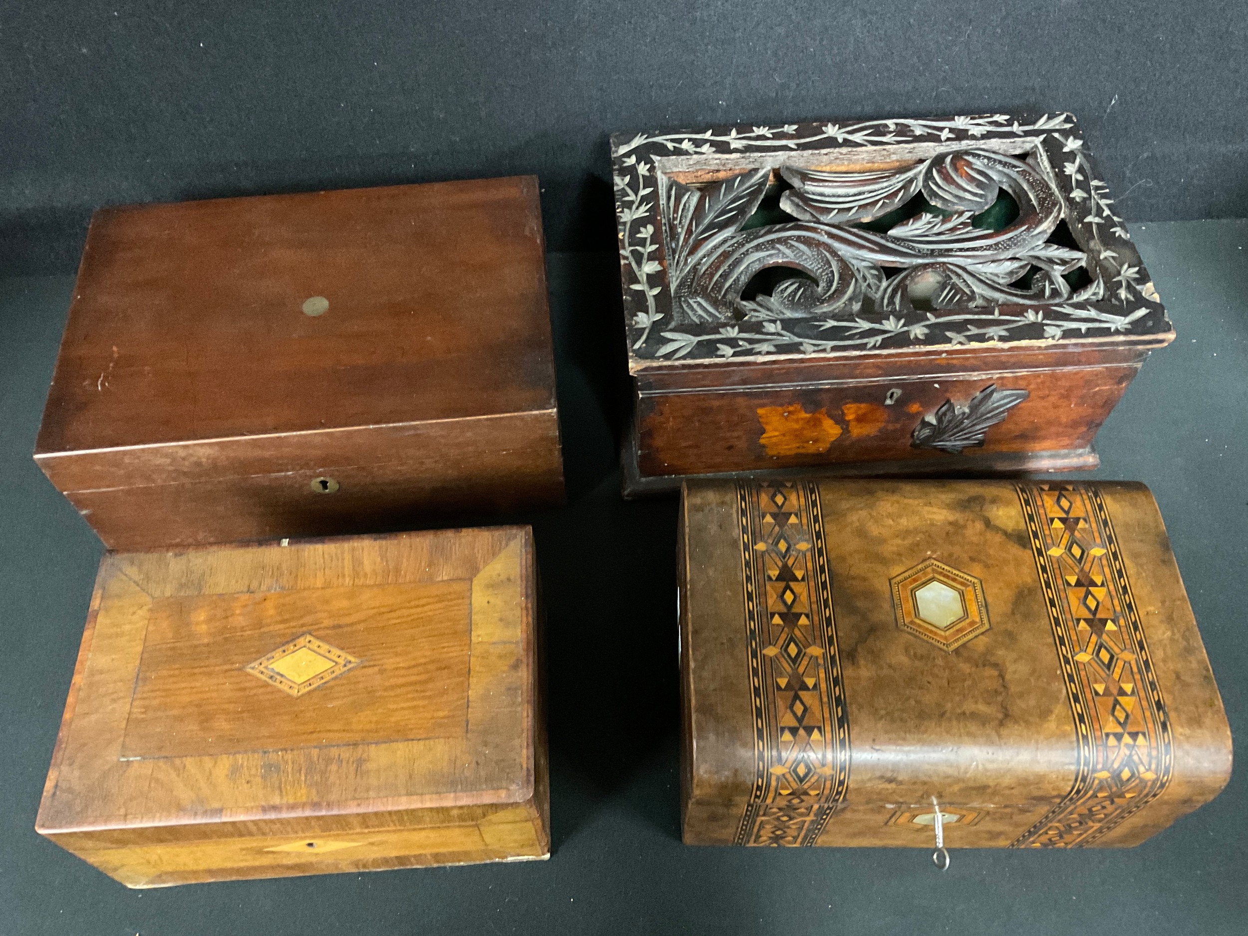 A Victorian Tunbridge ware walnut marquetry inlaid work box, the domed hinged cover with mother-of-