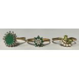 A 9ct gold emerald and diamond cluster ring, size N/O, marked 375, 2g, boxed; two other 9ct gold