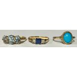 A 9ct gold ring set with a single polished oval turquoise cabochon, size P, marked 375, 1.6g; a