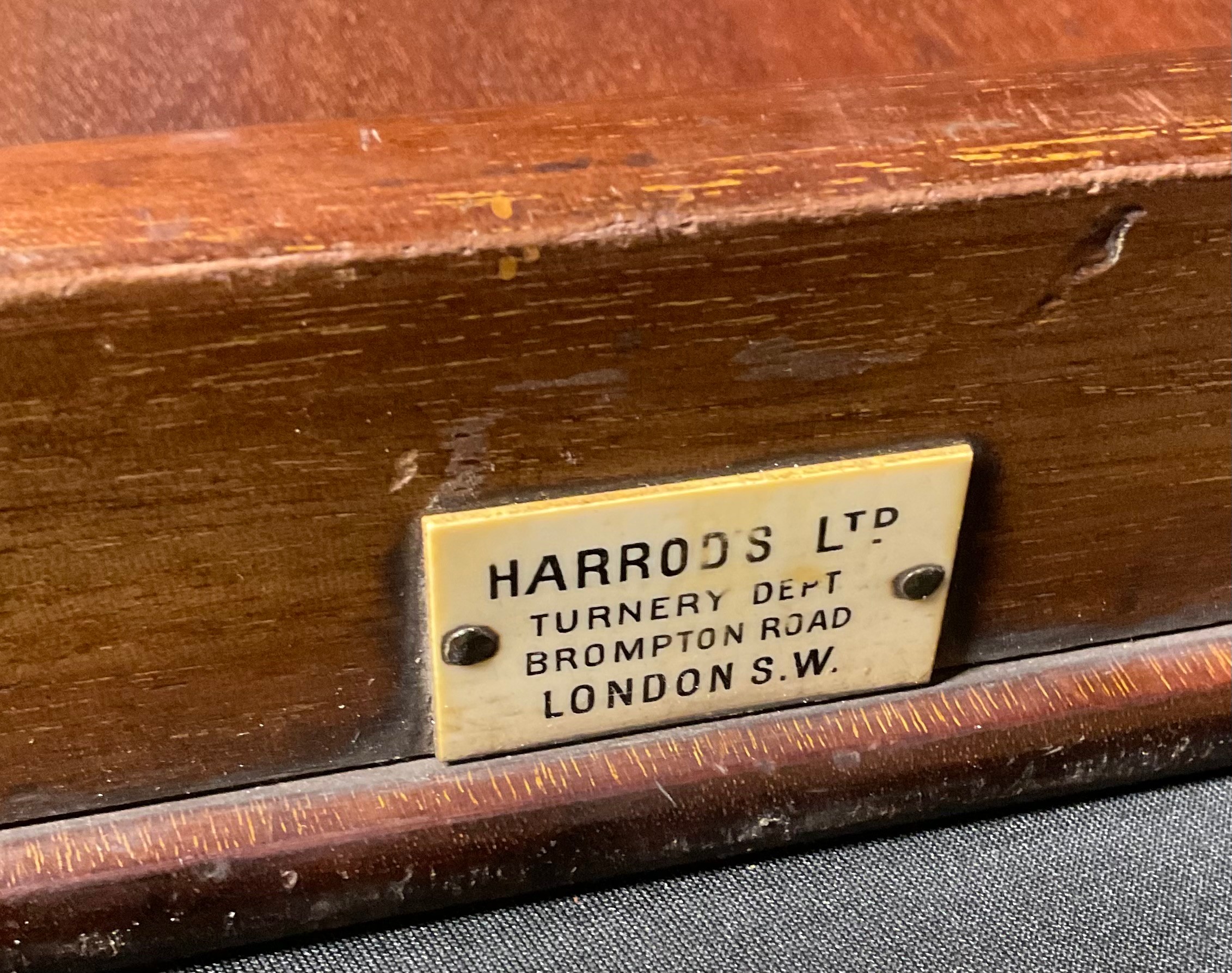 A large mahogany butlers tray, Harrods label, 82cm long, 54cm wide - Image 3 of 3