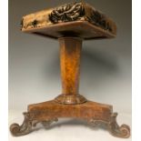 A William IV burr walnut piano stool, stuffed upholstered, tripod feet, 48cm high