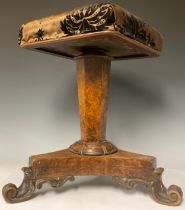 A William IV burr walnut piano stool, stuffed upholstered, tripod feet, 48cm high