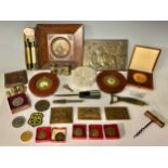 A cast bronze miniature plaque, JM Michel Cazin, L'Accalmie, 7cm x 8cm; assorted sporting medals;