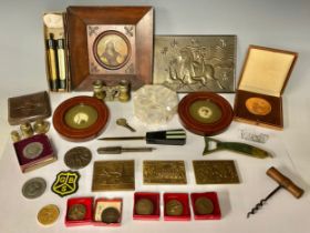 A cast bronze miniature plaque, JM Michel Cazin, L'Accalmie, 7cm x 8cm; assorted sporting medals;