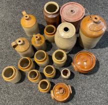 A collection of stoneware jars, egg preserver, etc