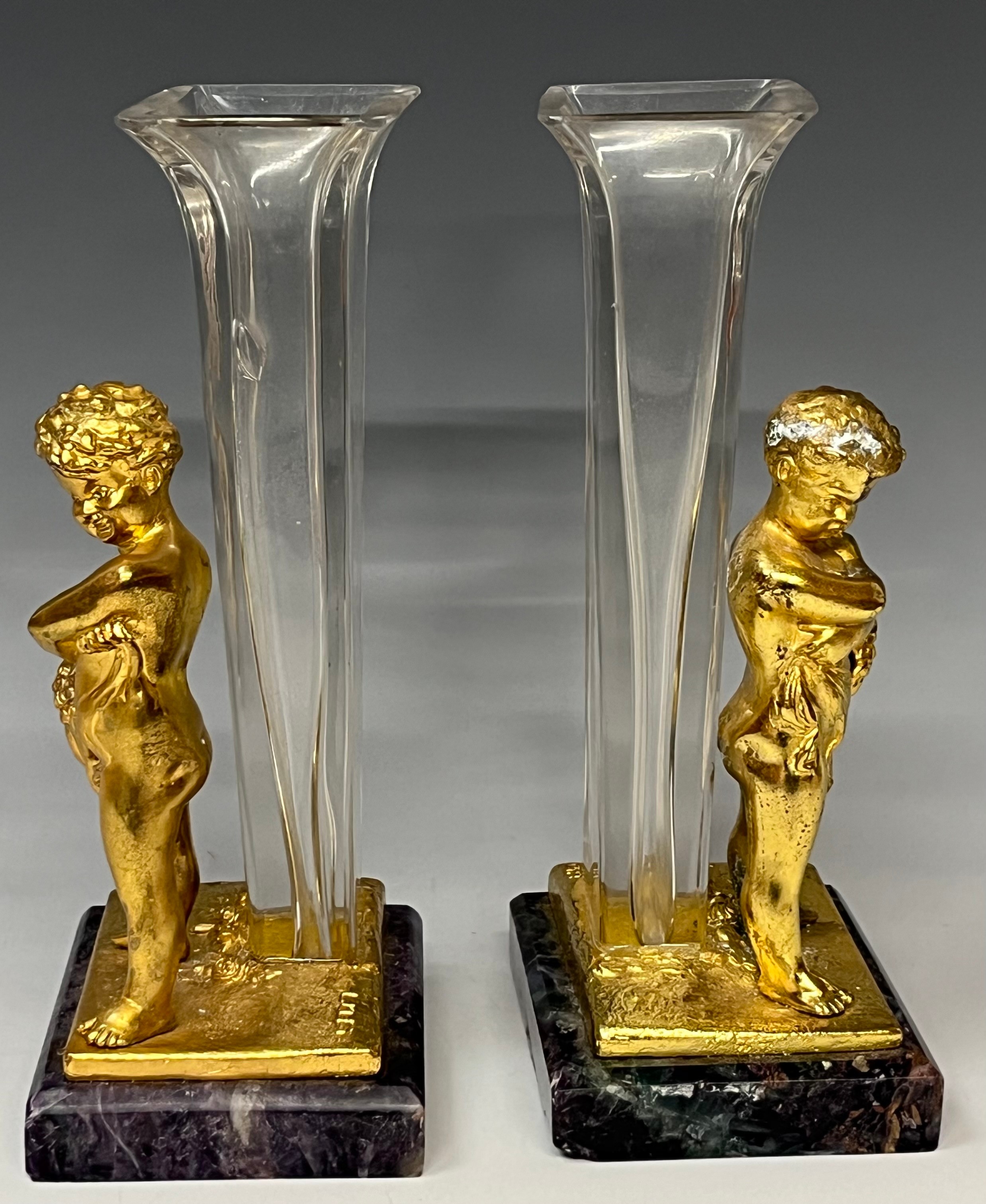 A pair of continental style vases, the gilt metal supports cast as a pair of putti holding Greek - Image 2 of 2